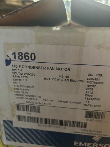 EMERSON 1860 A/C FAN CONDENSER MOTOR HP:1/4,RPM:1075, 208-230V W430