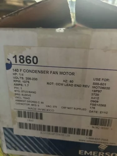 EMERSON 1860 A/C FAN CONDENSER MOTOR HP:1/4,RPM:1075, 208-230V  W430