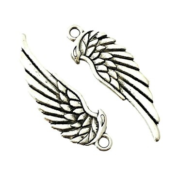 10 Antiqued Silver 34mm Feather Angel Hawk Eagle Wing Bead Drop Charms Pendants 