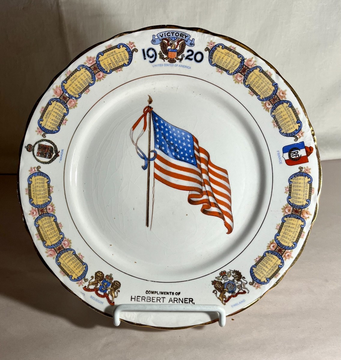 D.E. McNicol 1920 WW1 Victory US Flag Calendar Plate Herbert Arner