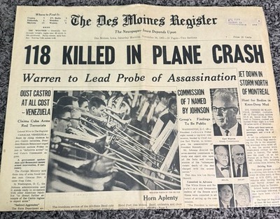 Des Moines Register Nov 30 1963 JFK Assassination Warren Commission Plane Crash
