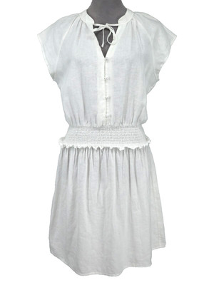 Saks Fifth Ave Dress Womens Small White Linen Mini Smocked Waist Beach Coastal