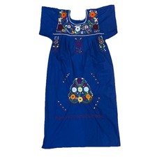 Vtg Mexican Cotton Blue Embroidered Floral Kaftan House Dress Patio Bright M/L
