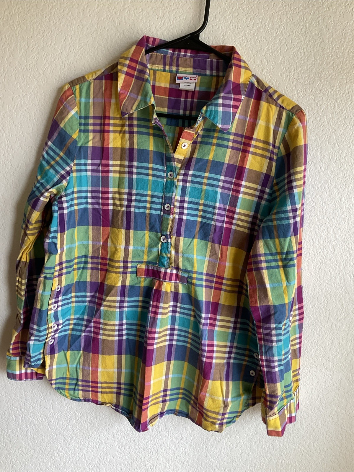 American Sweetheart Women Med Shirt Colorful Cotton Plaid Long Sleeve Pullover