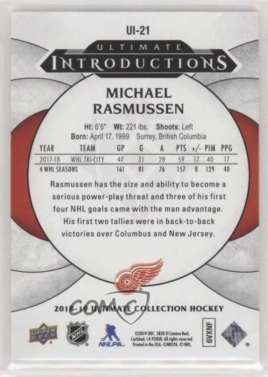 2018 Ultimate Collection Introductions Tier 2 Michael Rasmussen #UI-21 Rookie RC - Image 2 of 2