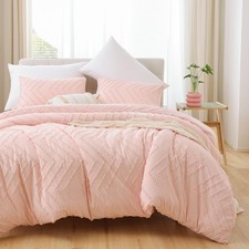 Pink Full Comforter Set 3Pcs, Boho Blush Full Size Bedding Set, Vertical Tufted