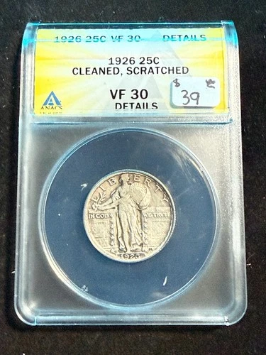 1926 STANDING LIBERTY QUARTER ANACS VF 30 DETAILS CLEANED SCRATCHED