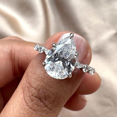 3.50CTW Pear Cut VVS1 Moissanite Engagement Ring For Women 14k White Gold Plated