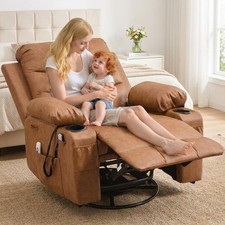 Oversized Swivel Recliner Chair with Massage and Heat 360 Rocking Recliner Brown