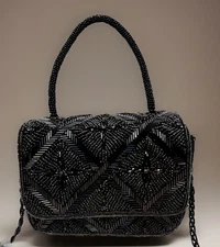 Black Beaded Mini Structured Evening Flap Bag Clutch Top Handle Shoulder Strap 