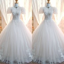 Vintage Wedding Dresses Short Sleeves A Line Lace Tulle 1980s Bridal Gowns