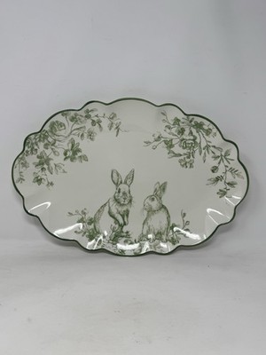 Potter's Studio Green Toile Bunny Rabbit Serving Platter 15.25'' Easter NEW VHTF