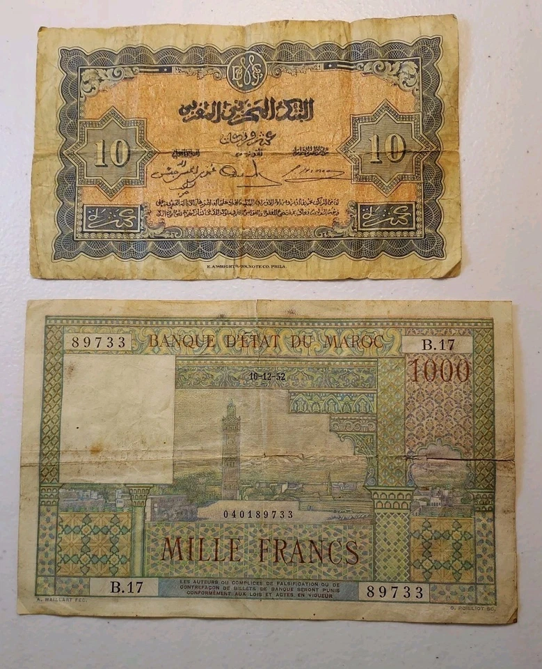 Two Old Morocco Banknotes 1,000 Francs 1952 and 10 Francs 1943  *Circulated*  - Image 2 of 2