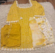 Salwar Kameez Set Yellow Cotton Women's Outfit with White Floral Trim  Dupatta