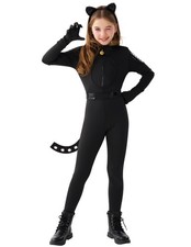 Black Cat Costume for Girls - Kids Halloween Outfit Set with Tail, Cosplay Party
