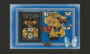GUYANA SCOUTS PLAY CHESS SILVER FOIL S/S BUTTERFLY 1992/ 1995 OVPT 18th JAMBOREE