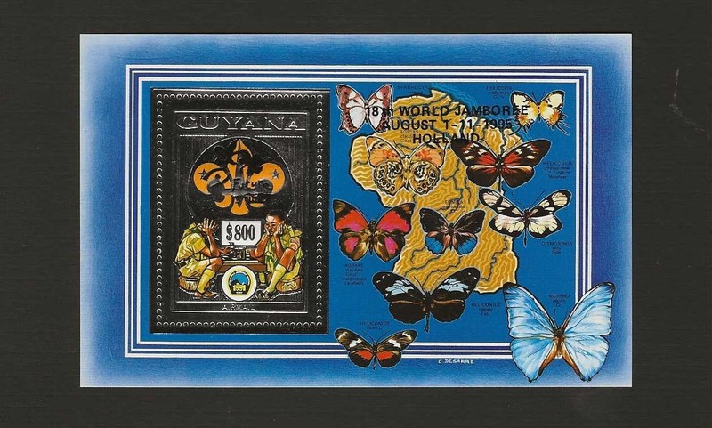 GUYANA SCOUTS PLAY CHESS SILVER FOIL S/S BUTTERFLY 1992/ 1995 OVPT 18th JAMBOREE