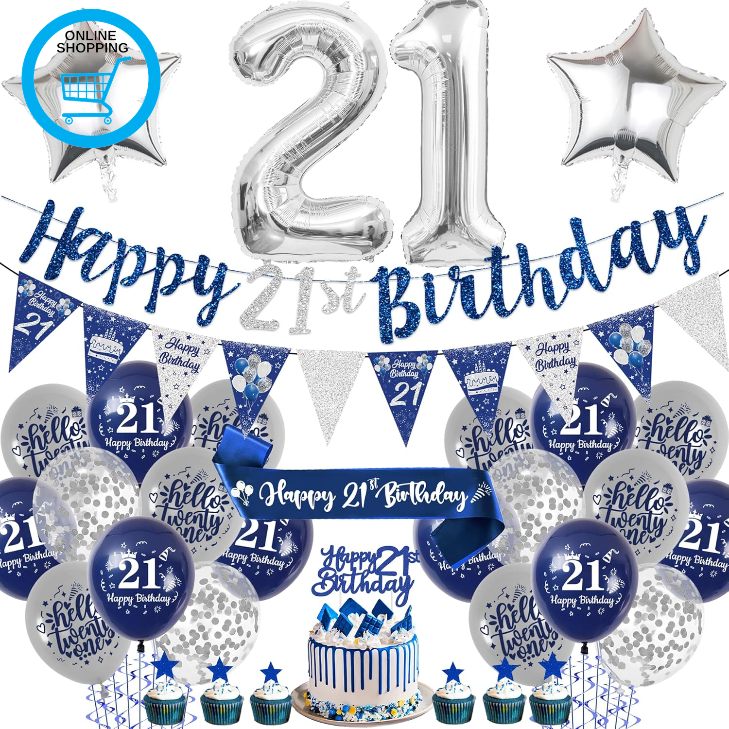 21St Birthday Decorations for Him - Blue and Silver Happy Birthday Banner Balloo