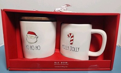 Rae Dunn ''HO HO HO'' & ''HOLLY JOLLY'' Canister & Mug Set