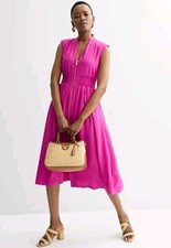 Nine West Womens M Fuchsia Pink Smocked Waist Midi Dress Full Zip Front