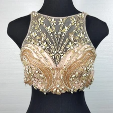 Rhinestone Beaded Sequin Pearl Sheer Pink Bustier Size 4 Midriff Tank Top BLING