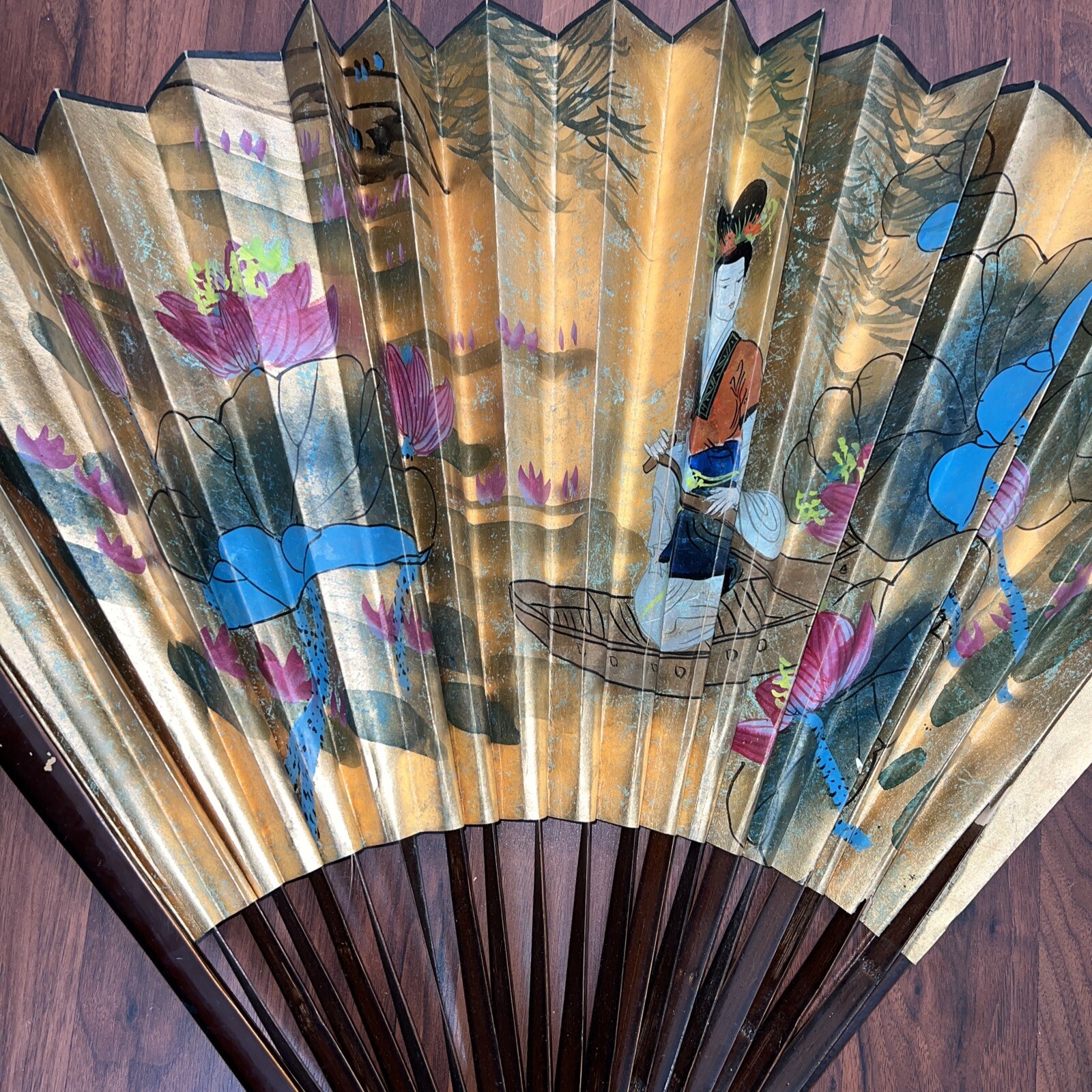 Large Vintage Hand Painted Chinese Wall Fan 22 section eBay