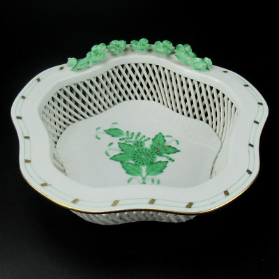 Herend Porzellan Schale / Korb Serie Apponyi Grün Hungary Pierced Porcelain Dish