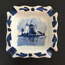 Vintage Delft Blauw Square Ashtray Blue and White Handpainted Holland Windmill 