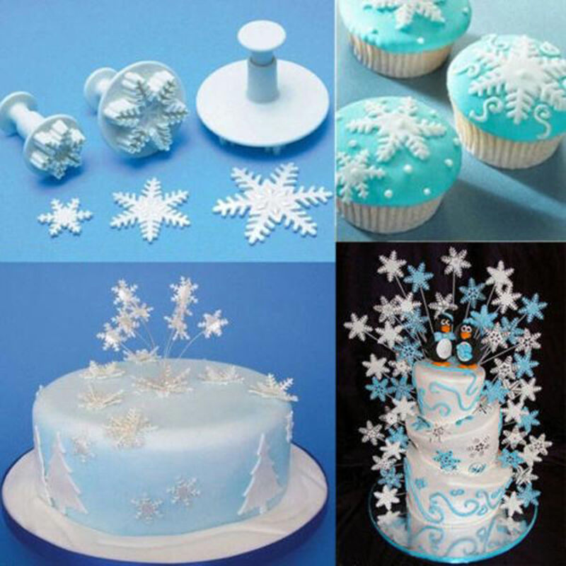 3 Pcs Cake Xmas Snowflake shape Plunger Fondant Decor Sugarcraft