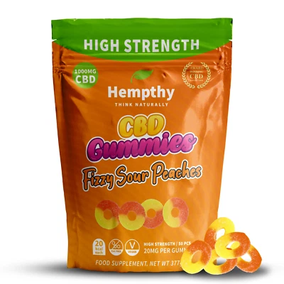 HEMPTHY CBD Gummies Edibles - Vegan Fizzy Peach Rings 1000mg - High Strength - 50 Pack