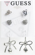 SET OF 3 GUESS SILVER TONE EARRINGS; "G" + HEART STUDS + DROP BOWS w/HEARTS-NEW