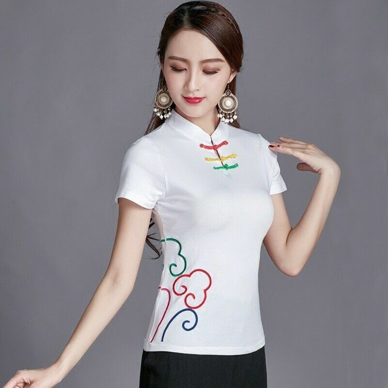 Women Chinese Shirt Embroidery Mandarin Collar Cotton Blend Button Tee |