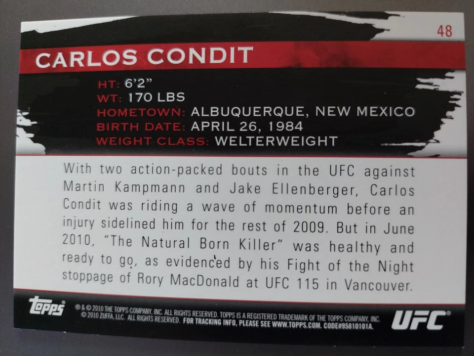 Carlos Condit #48 2010 Topps UFC Knockout Silver #164/188 - Image 2 of 2