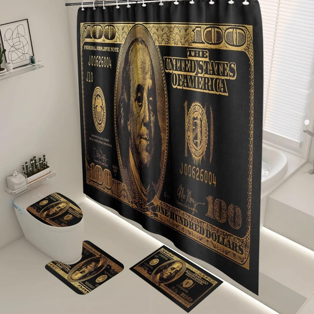 100 Dollar Bill Bathroom Set with Money Shower Curtain and Bills Rugs Black Gold