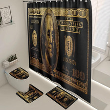 100 Dollar Bill Bathroom Set with Money Shower Curtain and Bills Rugs Black Gold