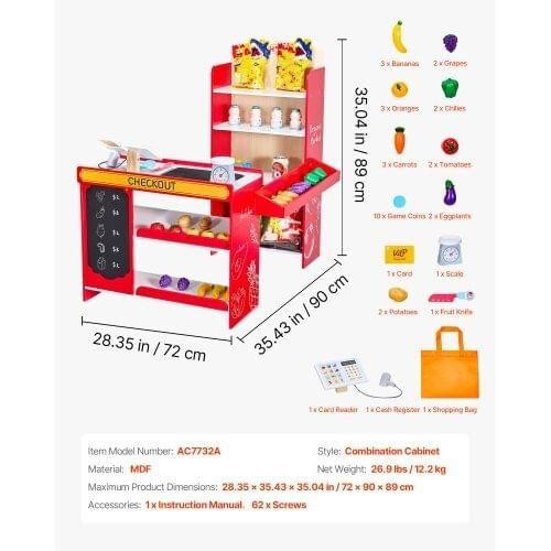 как выглядит Wooden Kids Grocery Store Playset with Conveyor, Cash Register Scanner, Preten фото