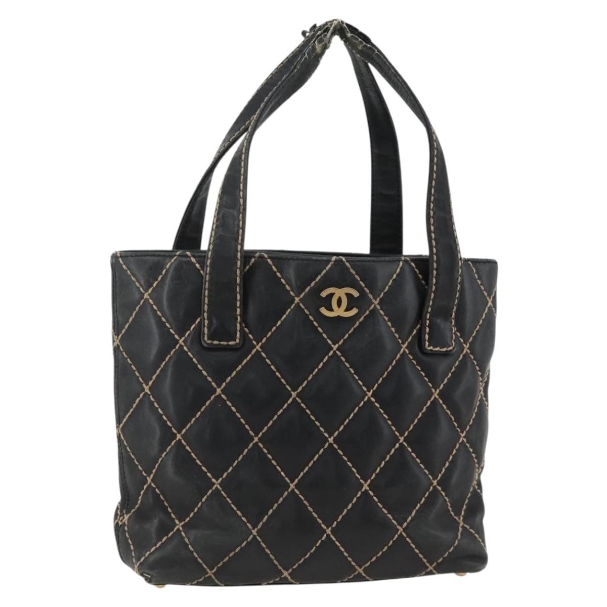 CHANEL Matelasse Wild stitch Tote Bag Leather Black Gold CC Auth