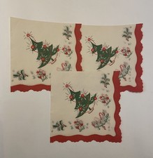 Set Of 3 Vintage Crepe Paper Christmas Napkins With Red Scalloped Edge, Tree