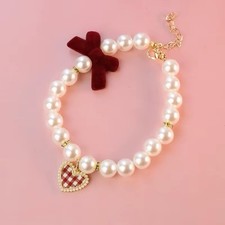 Pet Pearl Necklace Collar for Dog Cat Heart Charm Bow Adjustable Cute Jewelry