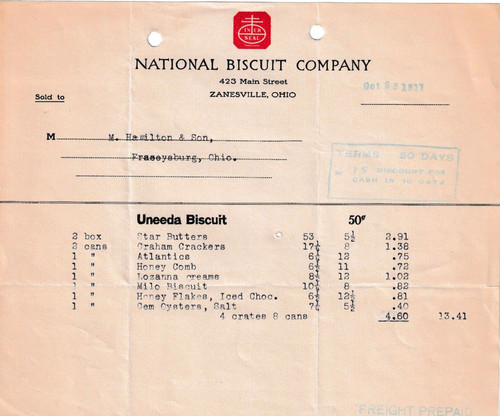 1911 National Biscuit Co Uneeda Nabisco Zanesville OH Grocery Invoice