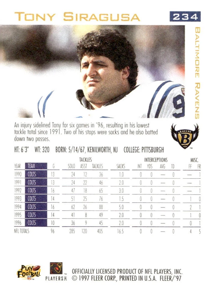 1997 Fleer #234 Tony Siragusa - Image 2 of 2
