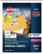 New Avery Waterproof Laser Printer Address Labels White 1500/pack 50 Sheet 05520