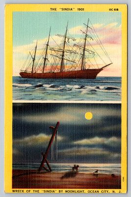c1950s Ocean City New Jersey Wreck Sindia Ship Moonlight Colourpicture Postcard