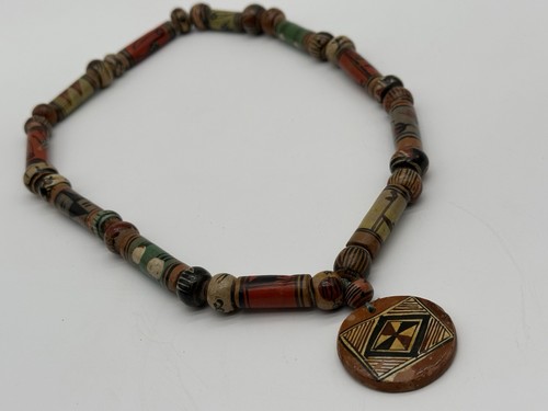 Vintage Tribal Aztec Painted Wooden Breads Statement Pendant Necklace