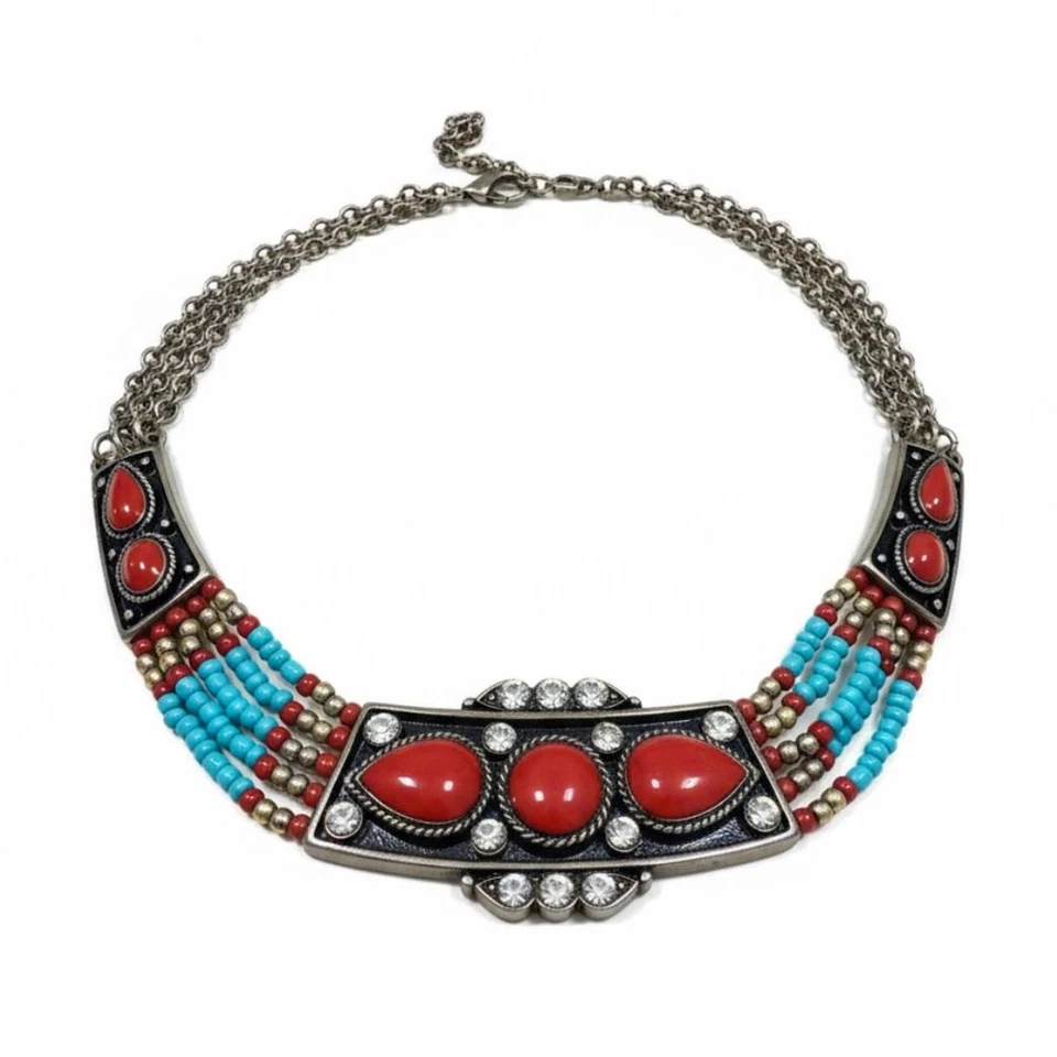💎 Collar Boho Southwestern Distintivo Rojo Turquesa Cuentas Babero con Cristales Foto 2 de 4
