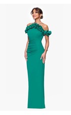 Xscape Women’s Off Shoulder Spaghetti Strap Ruffle Top Crepe Gown Size 10, Green