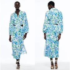ZARA Printed Cut Out Floral Midi Dress Blue Green Sz M NWT {3E9}