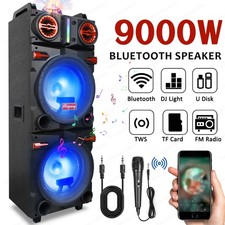 9000W Portable Bluetooth Speaker Dual 10" Woofer Party FM Radio DJ LED AUX Mic