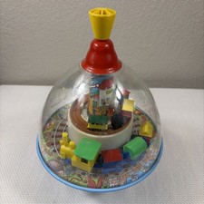 Vtg Tin  Plastic Dome Spinning Top Toy Train Scene Wind-Up Push Top 1960-1970s