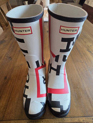 WomensHunter Original Size 8 Short Play Rain Boots  Explod Logo White Black Red